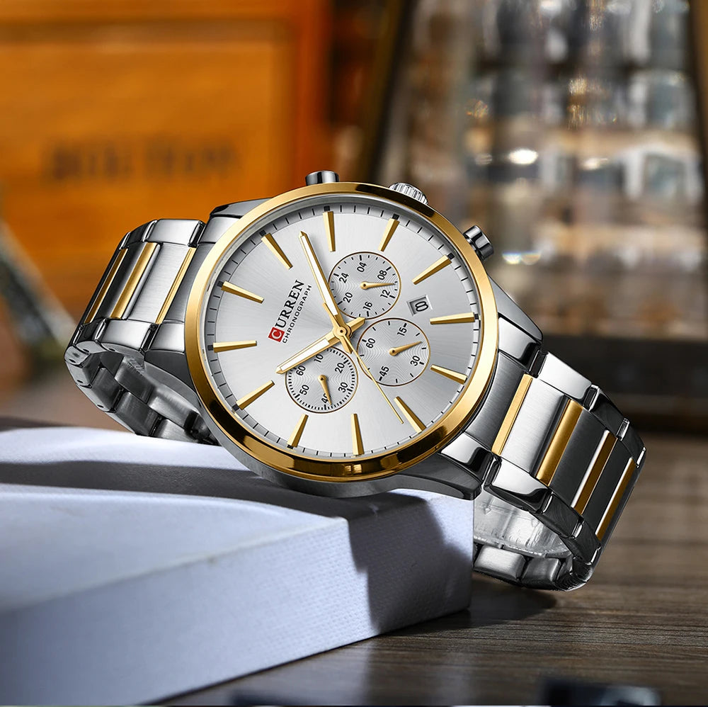 CURREN Casual Sport Watches Men's Quartz Chronograph Stainless Steel Bracelet Wristwatches -WPD143