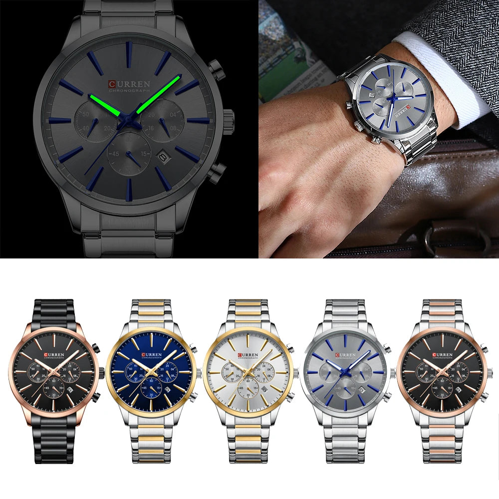 CURREN Casual Sport Watches Men's Quartz Chronograph Stainless Steel Bracelet Wristwatches -WPD143