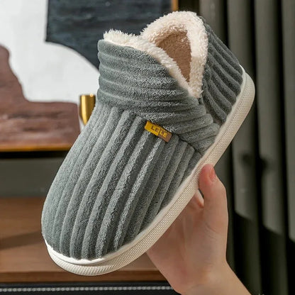 Winter Couple Style Concise Stripes Wrap Heels Plush Slippers Ladies' Non-slip Soft Warm Flip Flops Men -SHPD104