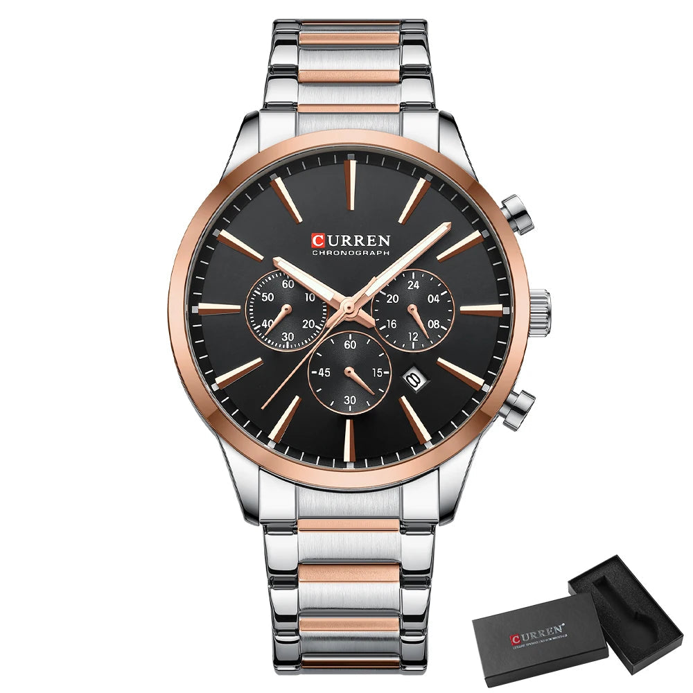 CURREN Casual Sport Watches Men's Quartz Chronograph Stainless Steel Bracelet Wristwatches -WPD143