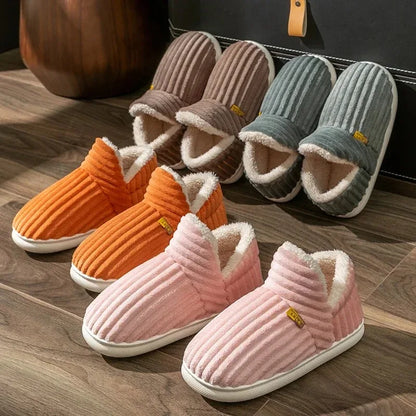 Winter Couple Style Concise Stripes Wrap Heels Plush Slippers Ladies' Non-slip Soft Warm Flip Flops Men -SHPD104