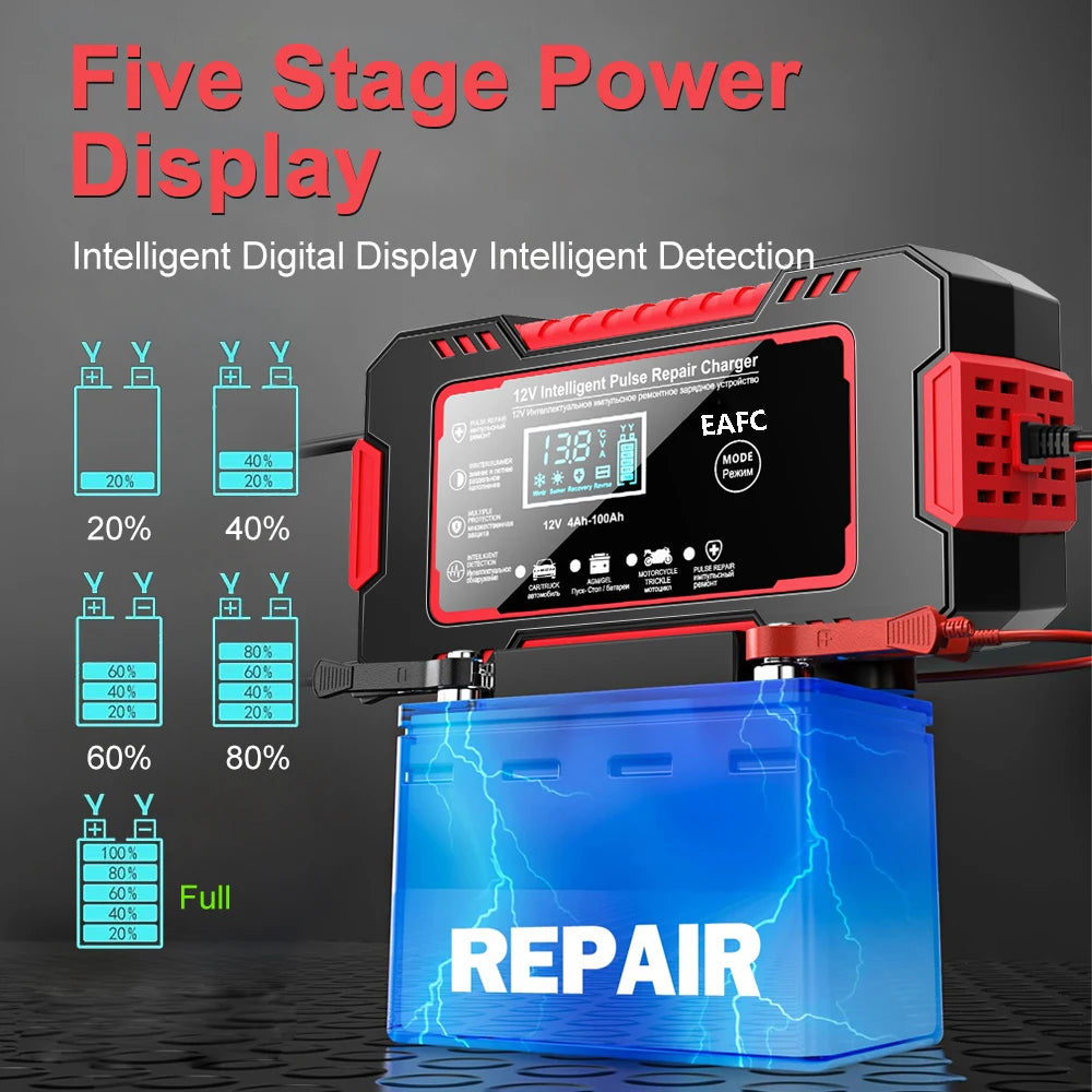 Car Battery Charger 12V 6A Pulse Repair LCD Display Smart Fast Charge -BKPD108