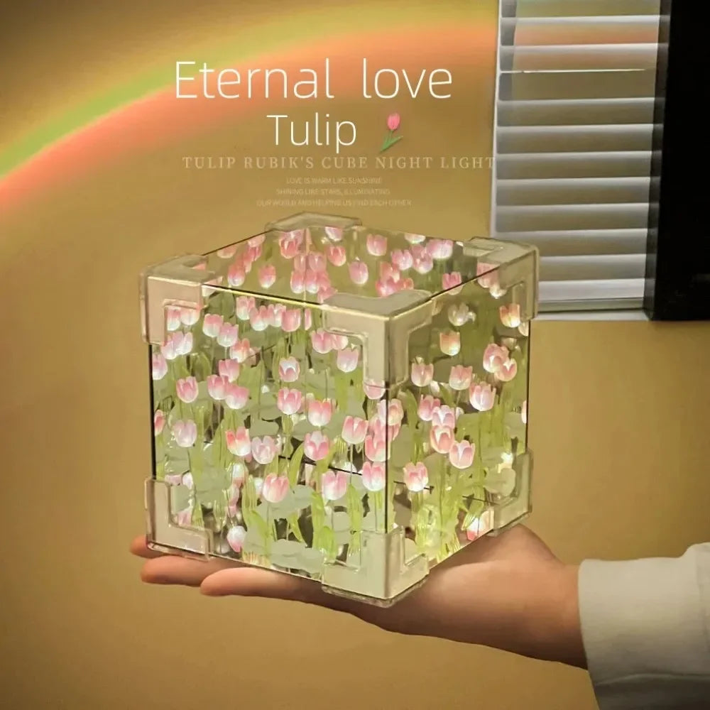 DIY Tulip Mirror Cube Lamp Simulation Flower Bedroom Sleeping Table Lamp -ZKPD105