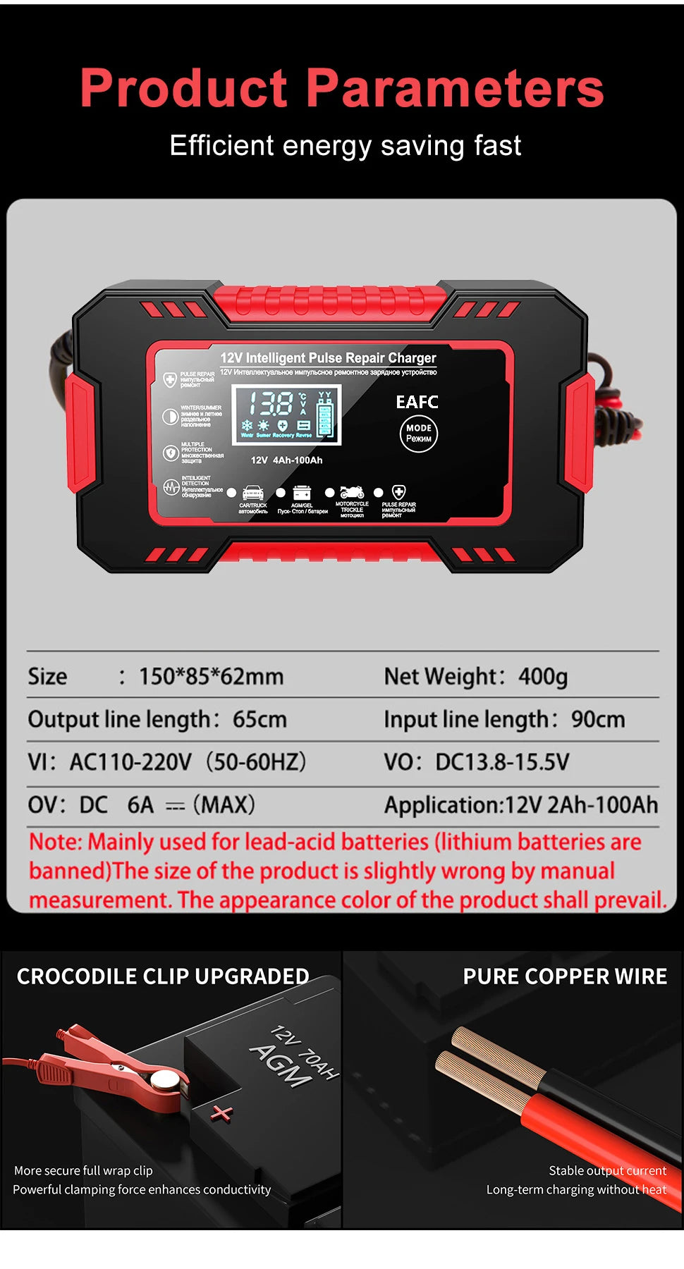 Car Battery Charger 12V 6A Pulse Repair LCD Display Smart Fast Charge -BKPD108