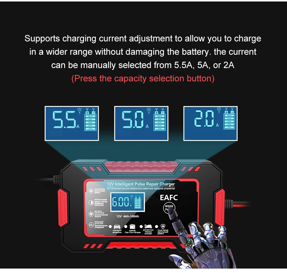 Car Battery Charger 12V 6A Pulse Repair LCD Display Smart Fast Charge -BKPD108