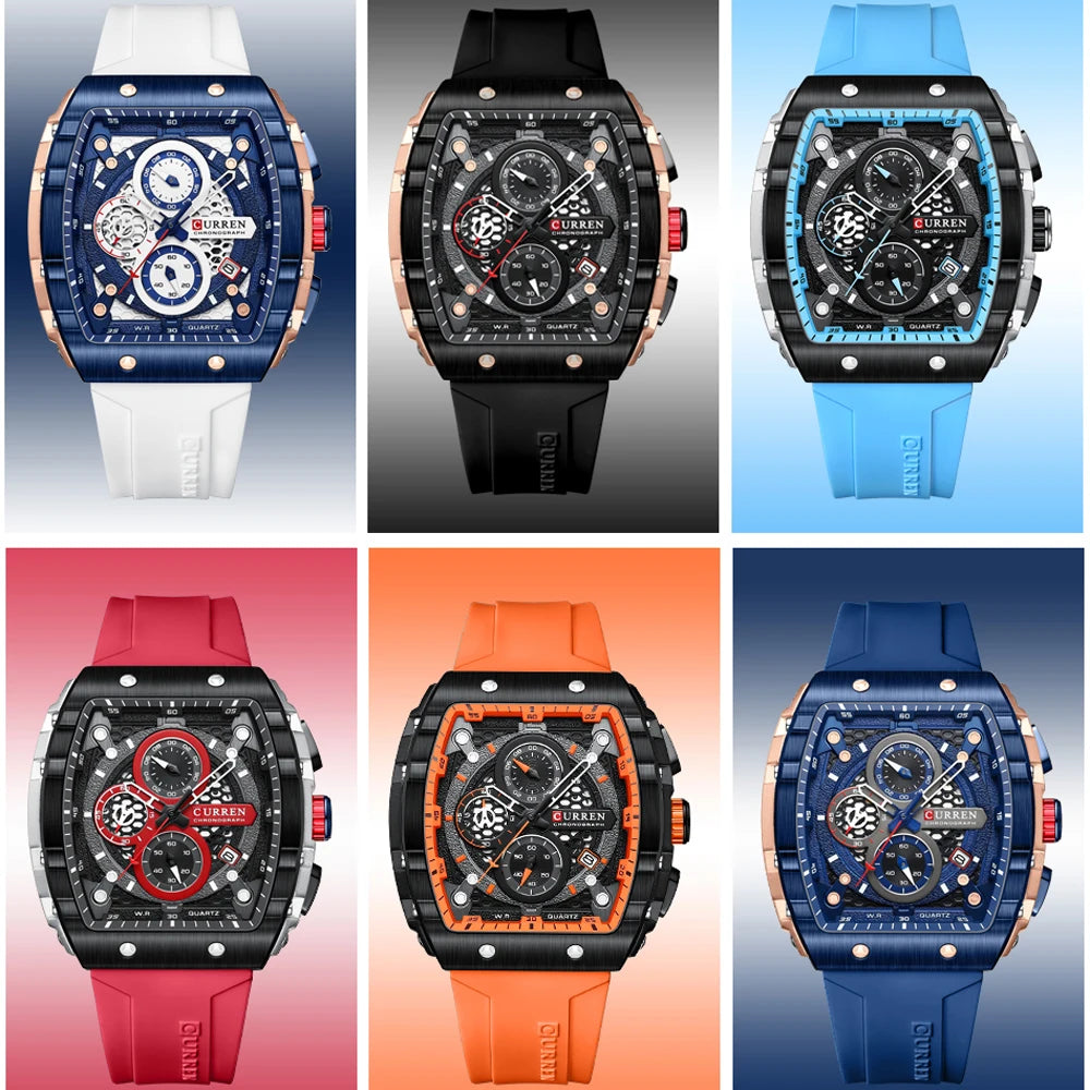 CURREN Sports Unique Rectangular Watches with Large Dial Casual Quartz Silicone Bands -WPD136