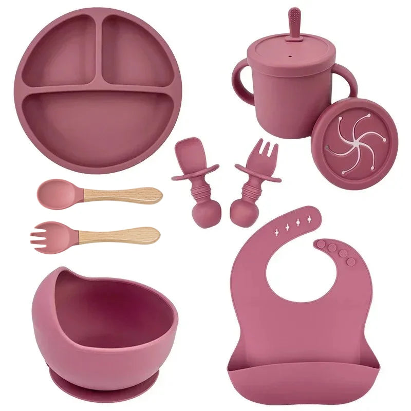 BPA Free Silicone Baby Feeding Set Sucker Bowl Dinning Plate Straw Cup Spoon Forks for Kids -BKPD127