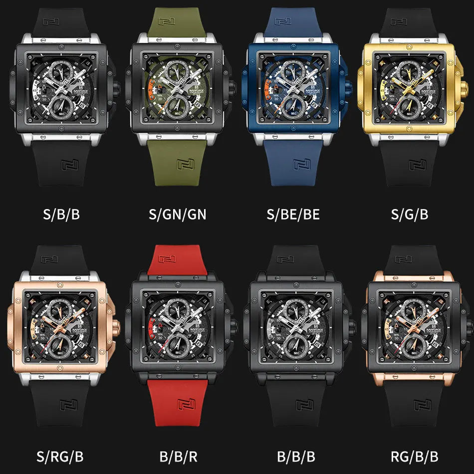 NAVIFORCE Men's Casual Square Quartz Watch Silicone Strap Military -WPD120