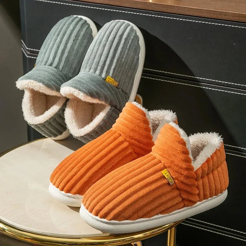 Winter Couple Style Concise Stripes Wrap Heels Plush Slippers Ladies' Non-slip Soft Warm Flip Flops Men -SHPD104