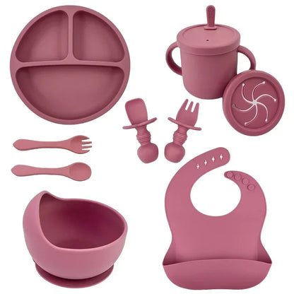 BPA Free Silicone Baby Feeding Set Sucker Bowl Dinning Plate Straw Cup Spoon Forks for Kids -BKPD127