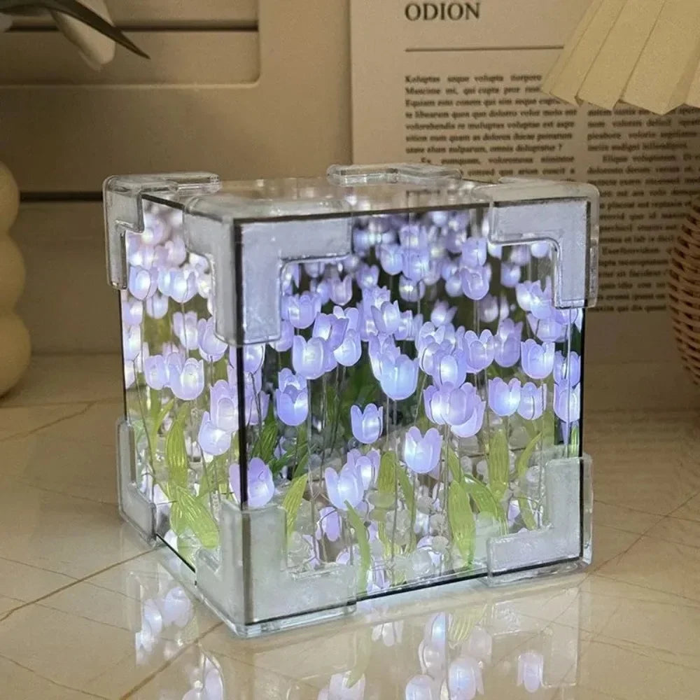 DIY Tulip Mirror Cube Lamp Simulation Flower Bedroom Sleeping Table Lamp -ZKPD105