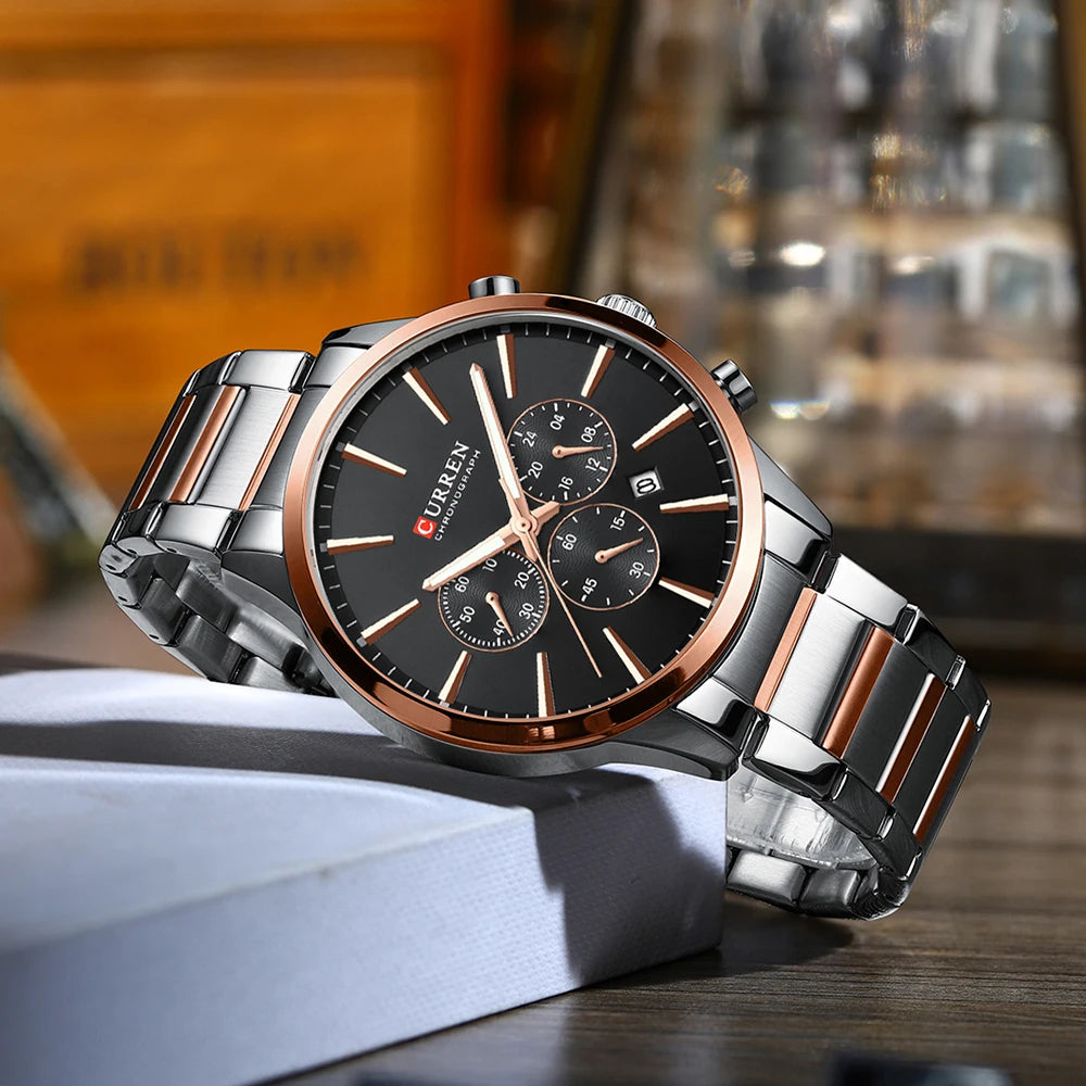 CURREN Casual Sport Watches Men's Quartz Chronograph Stainless Steel Bracelet Wristwatches -WPD143