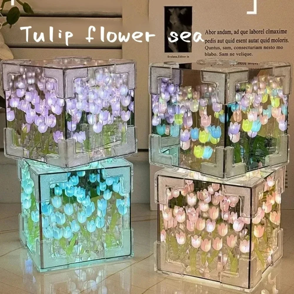 DIY Tulip Mirror Cube Lamp Simulation Flower Bedroom Sleeping Table Lamp -ZKPD105