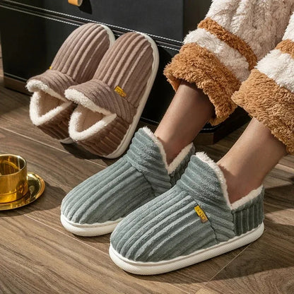 Winter Couple Style Concise Stripes Wrap Heels Plush Slippers Ladies' Non-slip Soft Warm Flip Flops Men -SHPD104