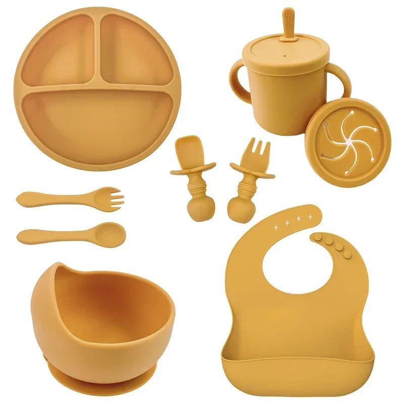 BPA Free Silicone Baby Feeding Set Sucker Bowl Dinning Plate Straw Cup Spoon Forks for Kids -BKPD127