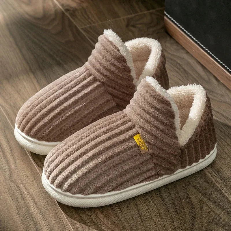 Winter Couple Style Concise Stripes Wrap Heels Plush Slippers Ladies' Non-slip Soft Warm Flip Flops Men -SHPD104