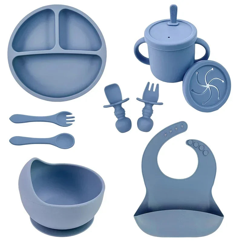 BPA Free Silicone Baby Feeding Set Sucker Bowl Dinning Plate Straw Cup Spoon Forks for Kids -BKPD127