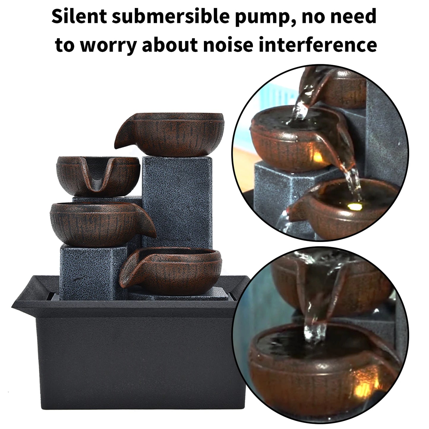 Tabletop Water Fountain with LED Yellow Light Feng Shui Relaxation Desktop Ornament -BKPD121