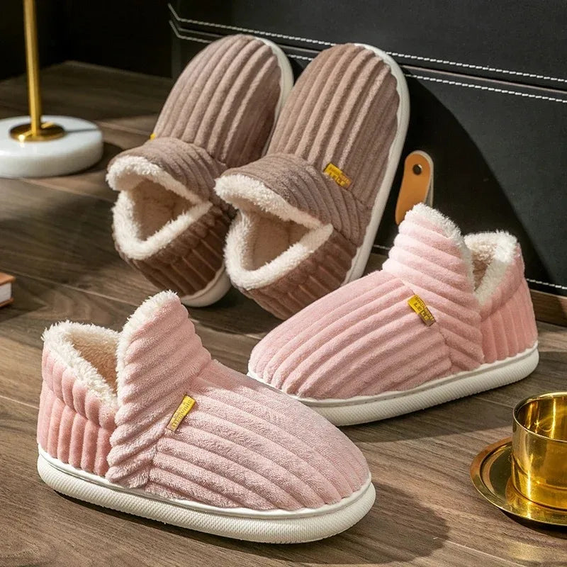 Winter Couple Style Concise Stripes Wrap Heels Plush Slippers Ladies' Non-slip Soft Warm Flip Flops Men -SHPD104