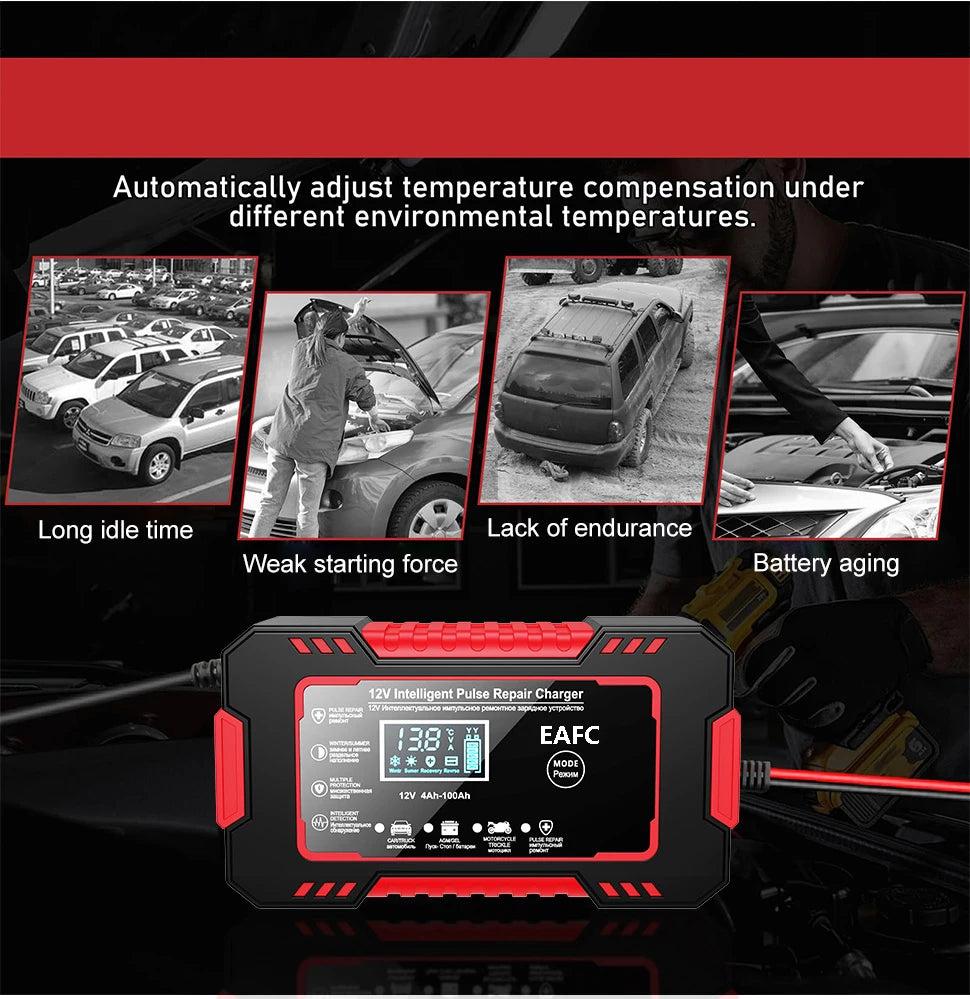 Car Battery Charger 12V 6A Pulse Repair LCD Display Smart Fast Charge -BKPD108