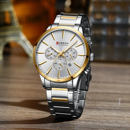 CURREN Casual Sport Watches Men's Quartz Chronograph Stainless Steel Bracelet Wristwatches -WPD143