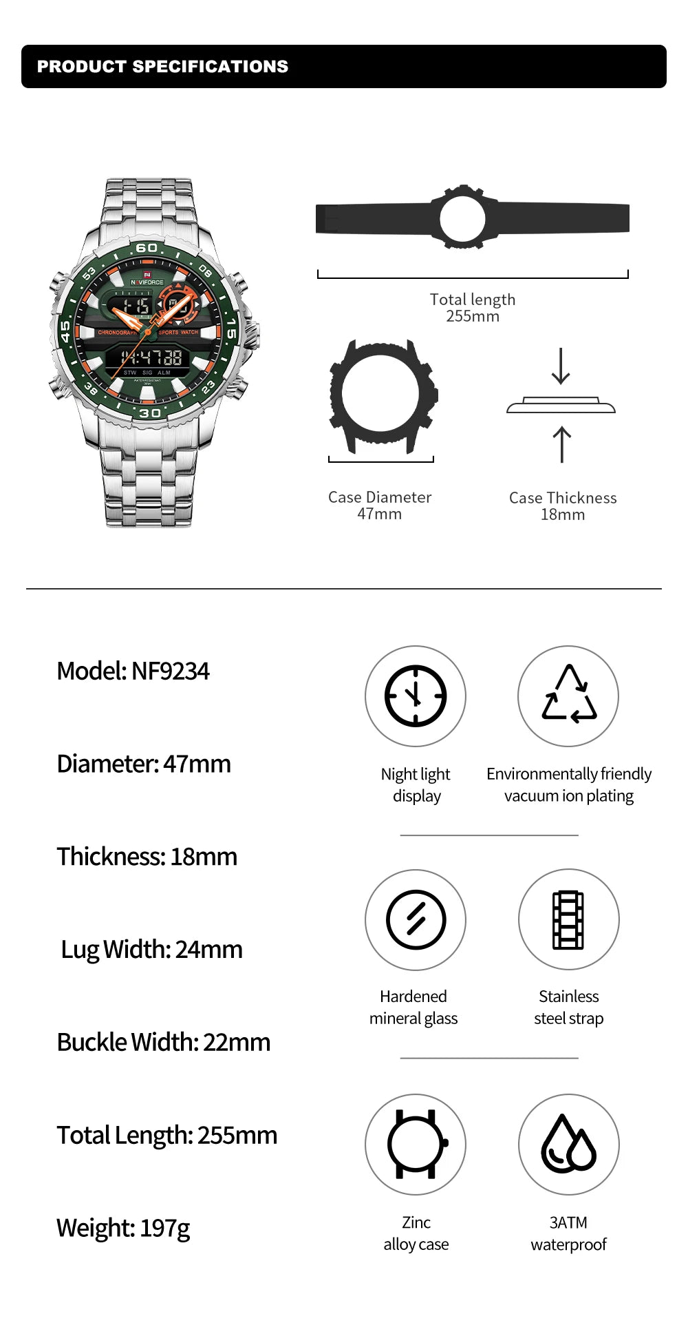 NAVIFORCE Original Watches for Men Analog Digital Sport Quartz -WPD112