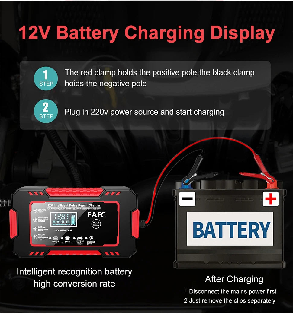 Car Battery Charger 12V 6A Pulse Repair LCD Display Smart Fast Charge -BKPD108