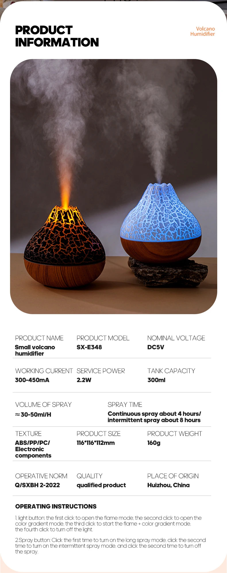 300ml Volcano Air Humidifier Desktop Electric USB Humidificadore Water Mist Diffuser -DHPD101