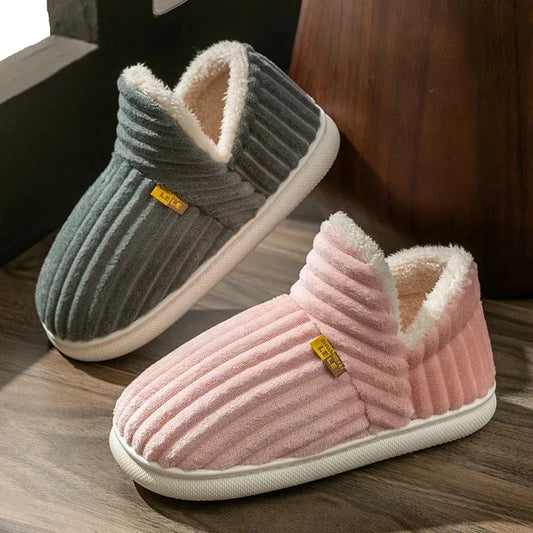 Winter Couple Style Concise Stripes Wrap Heels Plush Slippers Ladies' Non-slip Soft Warm Flip Flops Men -SHPD104