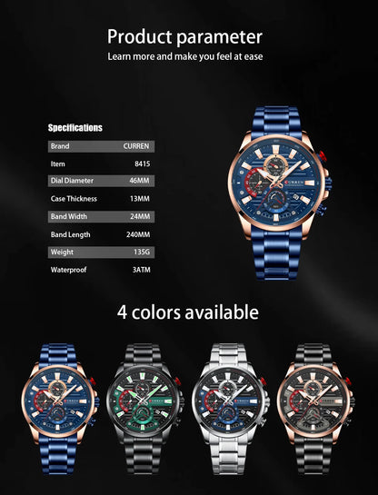 CURREN Sports Casual Quartz Wristwatches with Chronograph Fashion Stainless Steel -WPD145