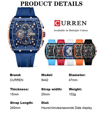 CURREN Sports Unique Rectangular Watches with Large Dial Casual Quartz Silicone Bands -WPD136