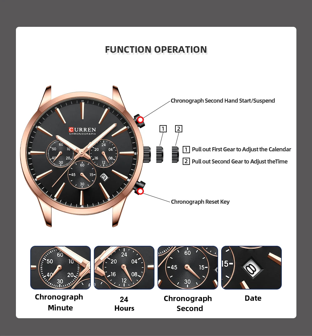 CURREN Casual Sport Watches Men's Quartz Chronograph Stainless Steel Bracelet Wristwatches -WPD143