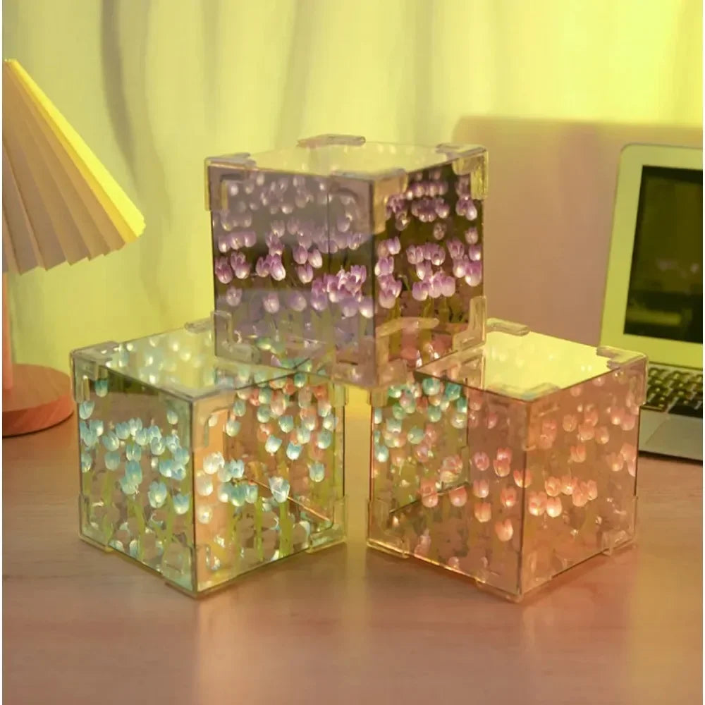 DIY Tulip Mirror Cube Lamp Simulation Flower Bedroom Sleeping Table Lamp -ZKPD105