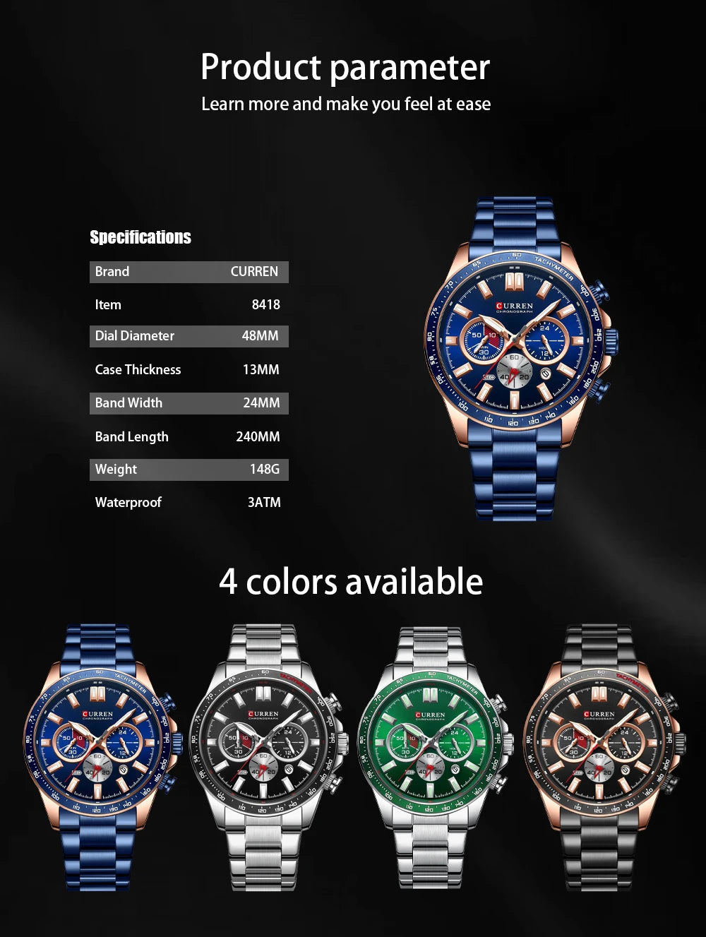 CURREN New 2022 Stainless Steel Quartz Wristwatches for Men Sports -WPD148