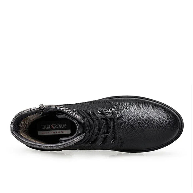 Black leather boot with brand logo on a white background