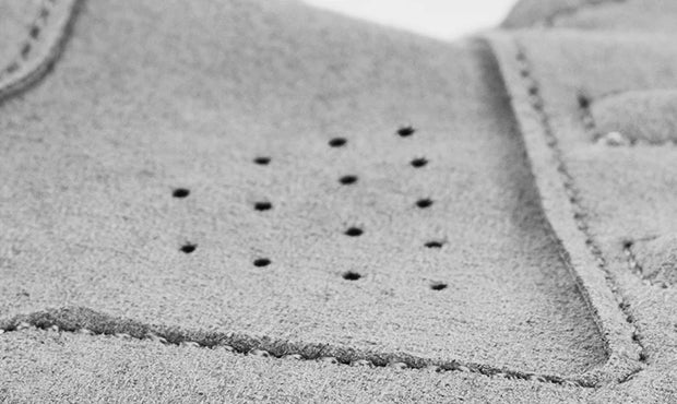 Close-up of a textured gray fabric with stitching details