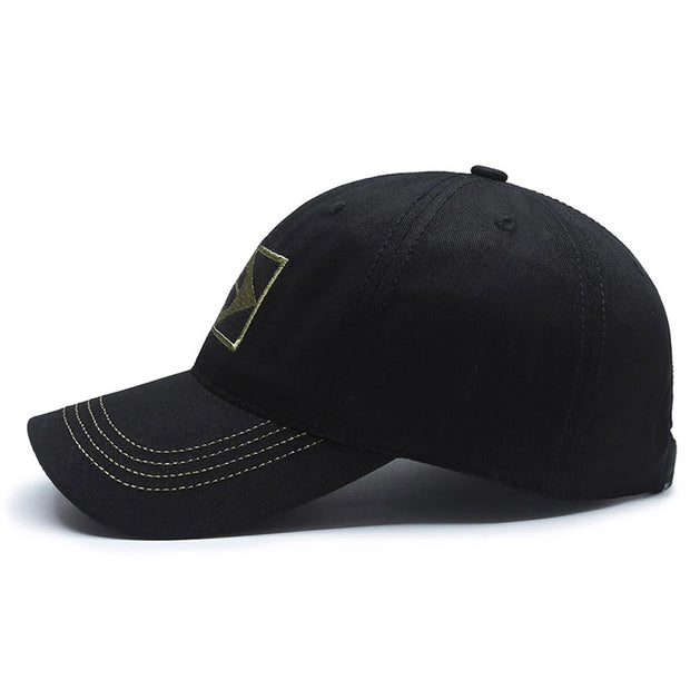 Black baseball cap with a gold logo on a white background