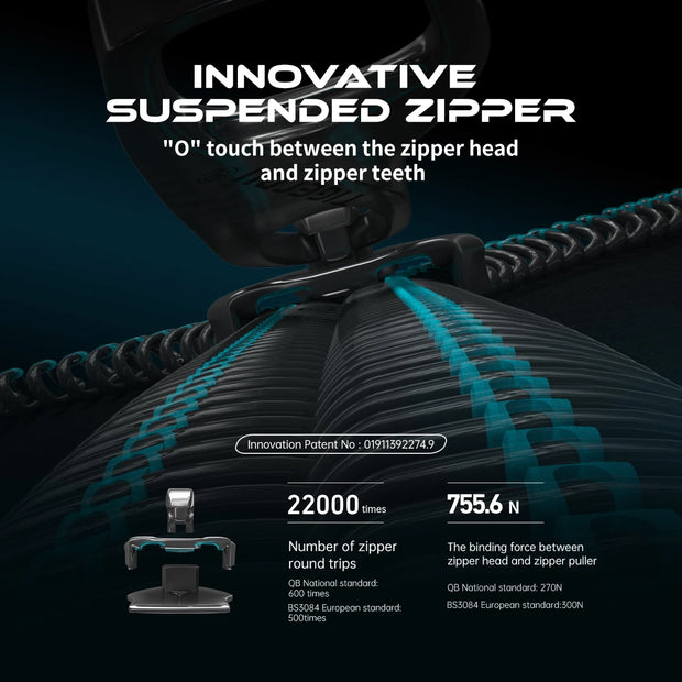 Innovative suspended zipper with technical details on a dark background