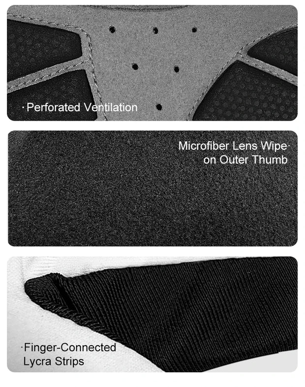 Black glove with features highlighted: perforated ventilation, microfiber lens wipe, and finger-connected Lycra strips.