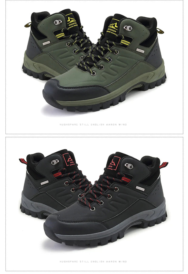 Green and black hiking boots with visible brand logos on a white background