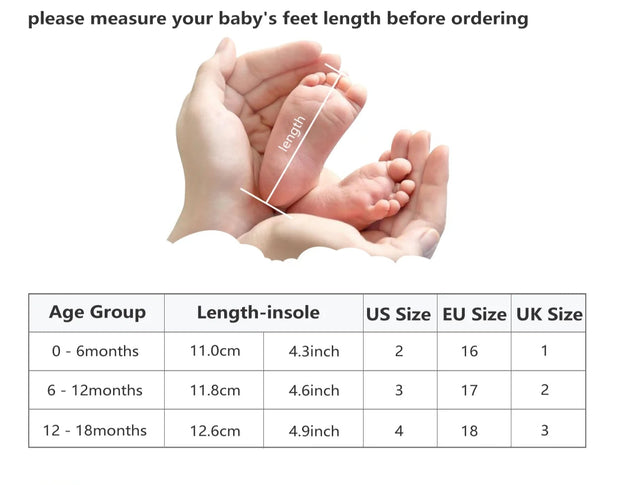 Baby shoe size chart with Meckior branding and foot measurement illustration.