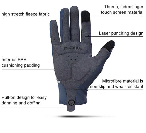 Gray glove with features labeled on a white background