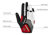Red and black glove with labeled parts on a white background