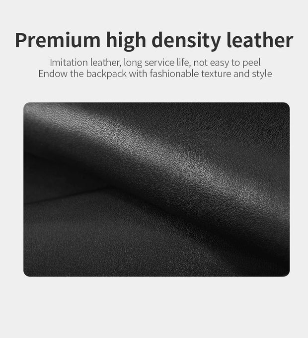 Black high density leather texture with text on a white background