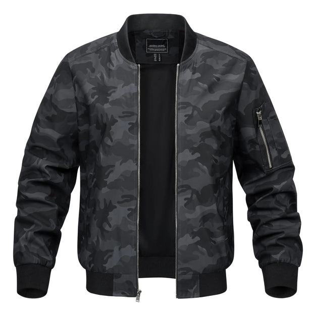 Camouflage bomber jacket on a white background