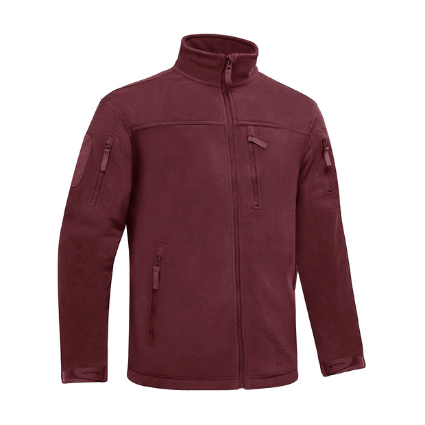 Maroon jacket with zippers and pockets on a white background