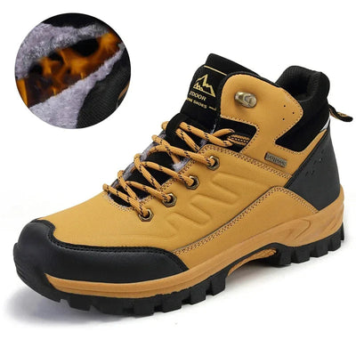 Yellow hiking boot with black sole and fur lining detail on a white background