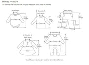 Measurement chart for clothing items including shirts, dresses, and onesies with labeled parts.