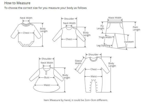 Measurement chart for clothing items including shirts, dresses, and onesies with labeled parts.
