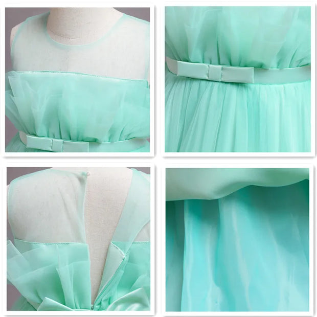 Collage of a mint green dress with close-up details on a mannequin.